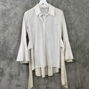NWT Neiman Marcus Shirt Women's M White Peasant Bell tie button up asymmetrical